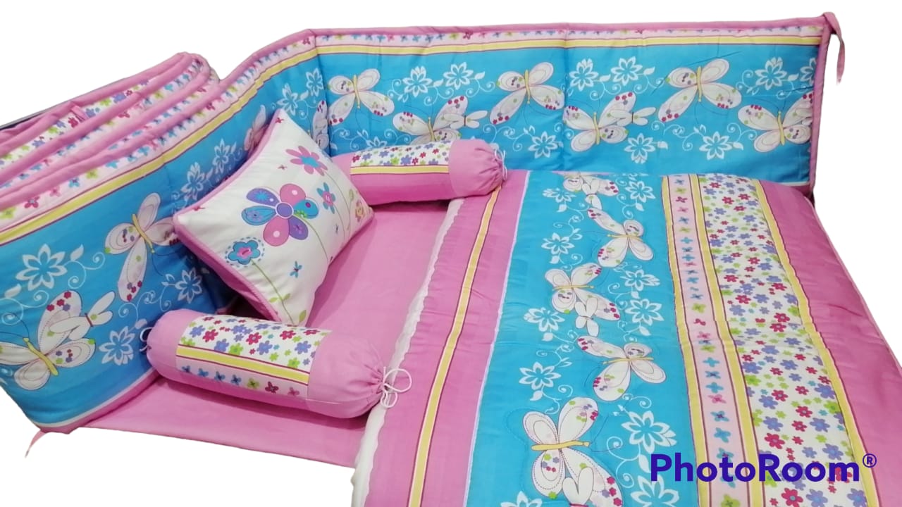 Pink Flowery Printed Baby Cot Set - Baby Cot