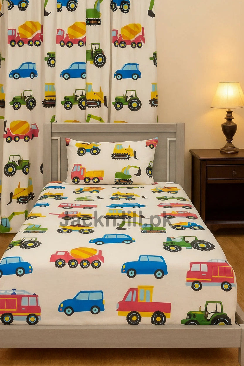 Kids vehicle-themed bedsheet with colorful cars, trucks, and tractors print, matching pillow and curtain set – Jacknjill.pk