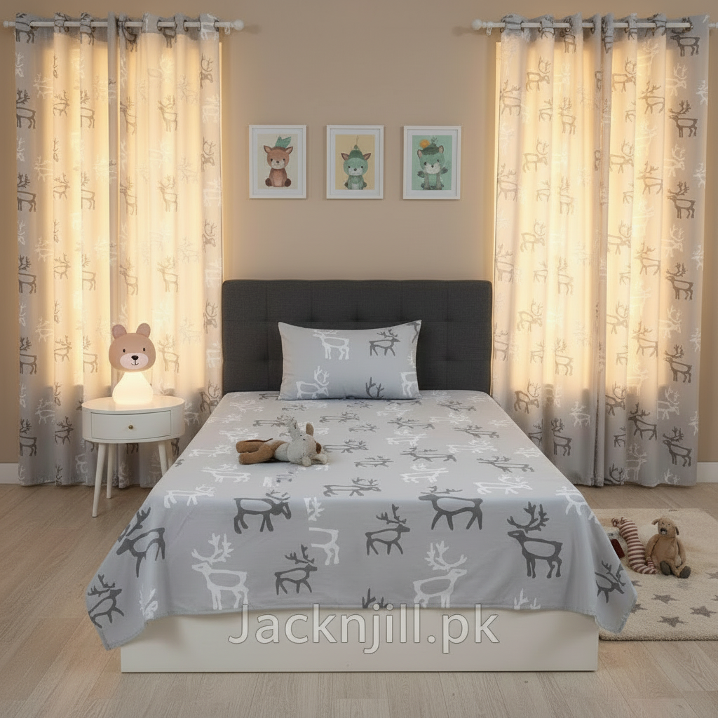 Kids’ bedroom with grey deer-patterned bedding and matching curtains, decorated with soft lighting and animal-themed wall art.