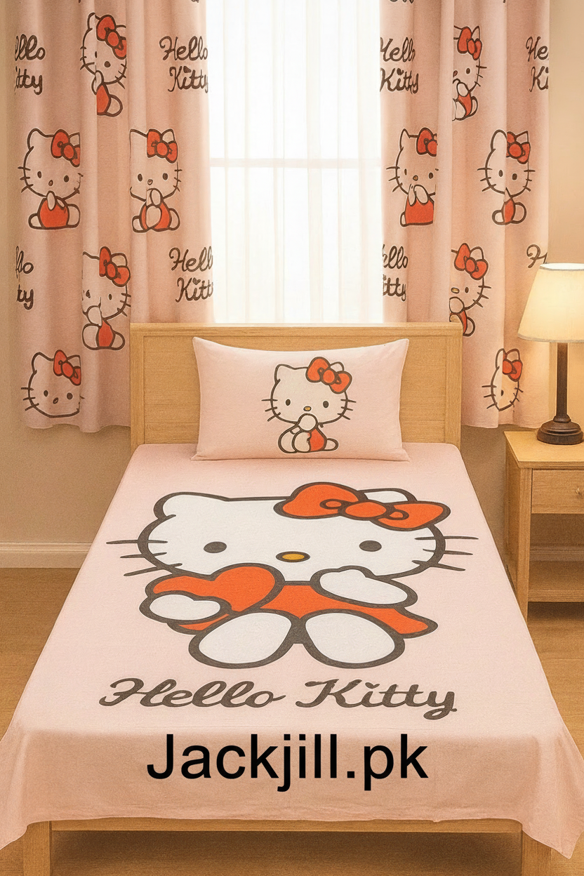 Pink Based Hello Kitty Kids Bed Sheet & Matching Curtain