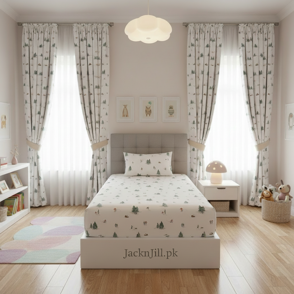 Tiny Palm Trees Printed Kids Bedsheet Set & Matching Curtains