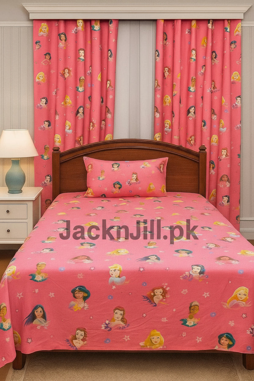 Pink kids bedsheet with matching curtains featuring princess characters in a cozy bedroom setup.