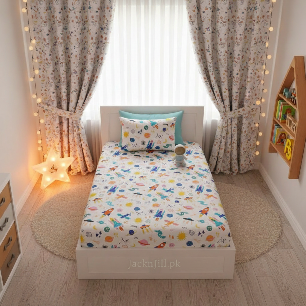 Space Shuttles & Rockets Kids Bedsheet with Comforter,Quilt and Curtains