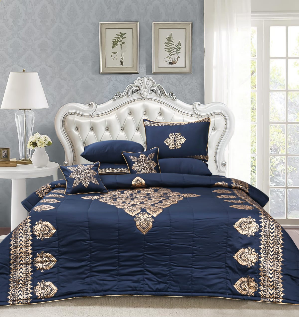 8 Pcs Bridal Bed Sheet Comforter Set Cotton Sateen Block Printed Blue