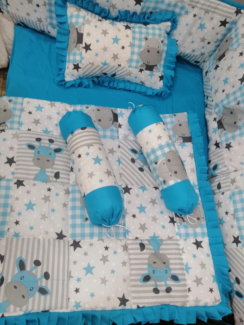 Blue And Grey Rhino Baby Cot Set - Baby Cot