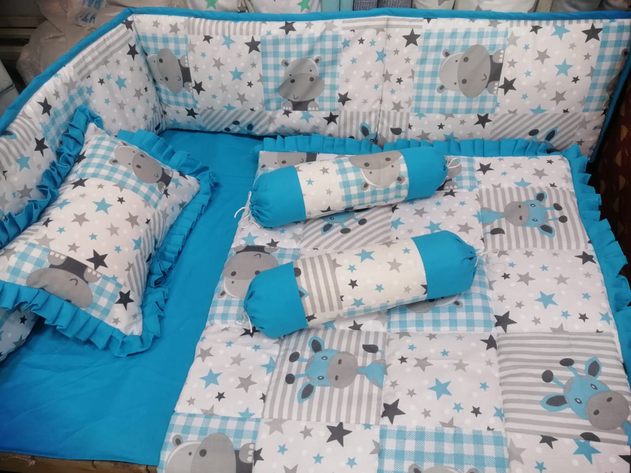 Blue And Grey Rhino Baby Cot Set - Baby Cot