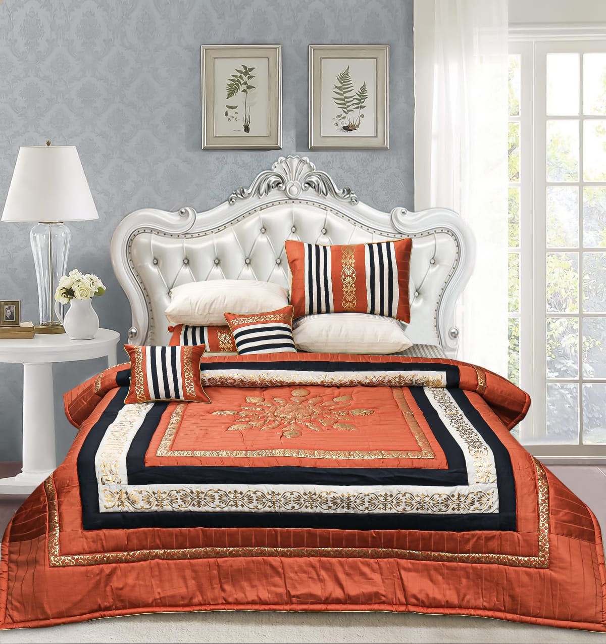 8 Pcs Bridal Bed Sheet Comforter Set Cotton Sateen Block Printed – Sand Dune - bridal bedsheet set