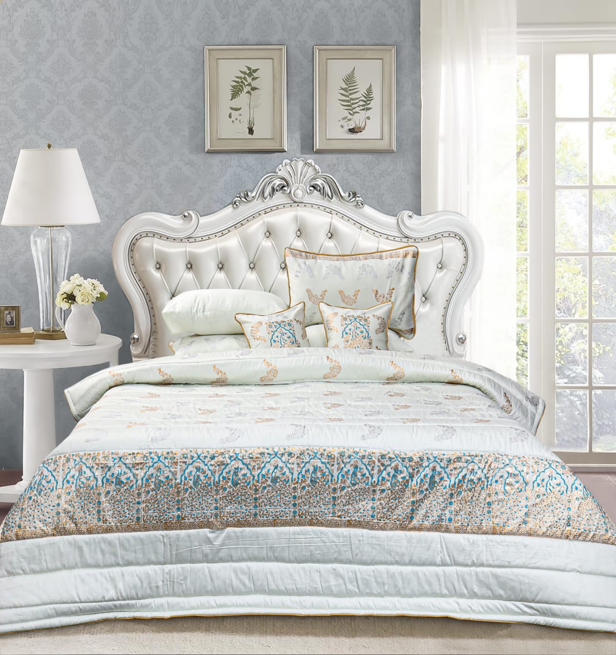 8 Pcs Bridal Bed Sheet Comforter Set Cotton Sateen Block Printed – Symphony White - bridal bedsheet set