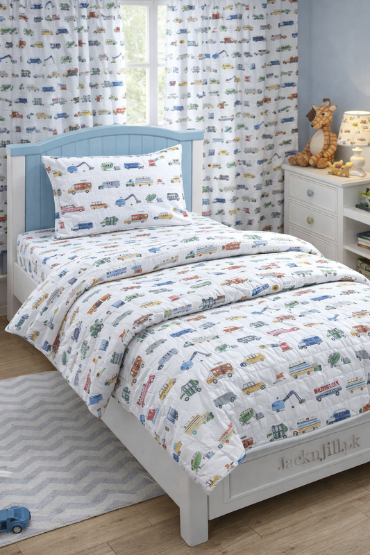 Vehicle Rush Hour Printed Kids Bedsheet Set-Percale