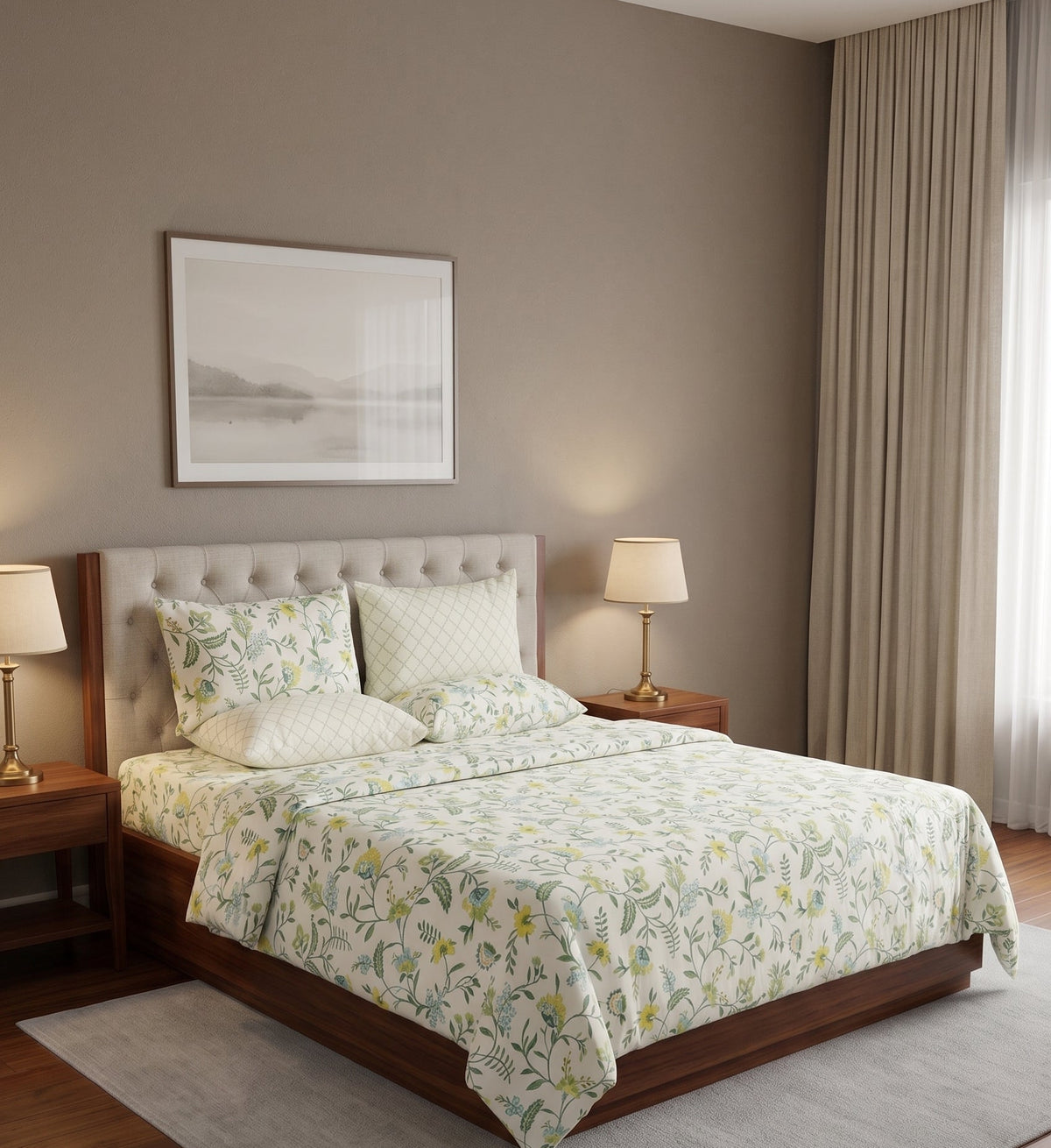 premium cotton sateen king size bedsheet and comforter set woth 4 pillows