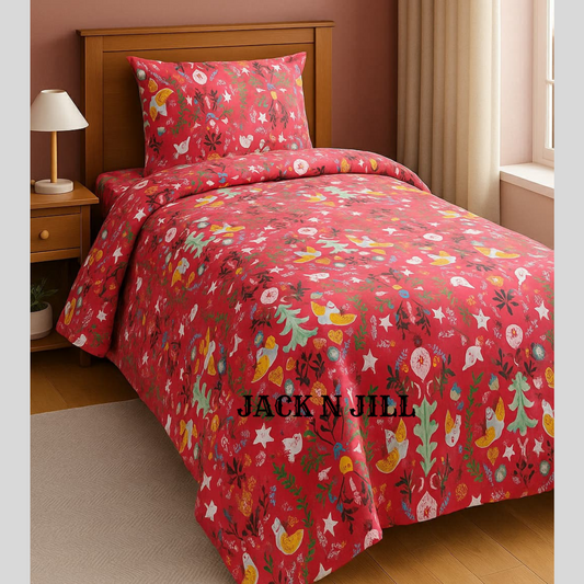 Birds & Floral Elements Red Background Kids Bedsheet
