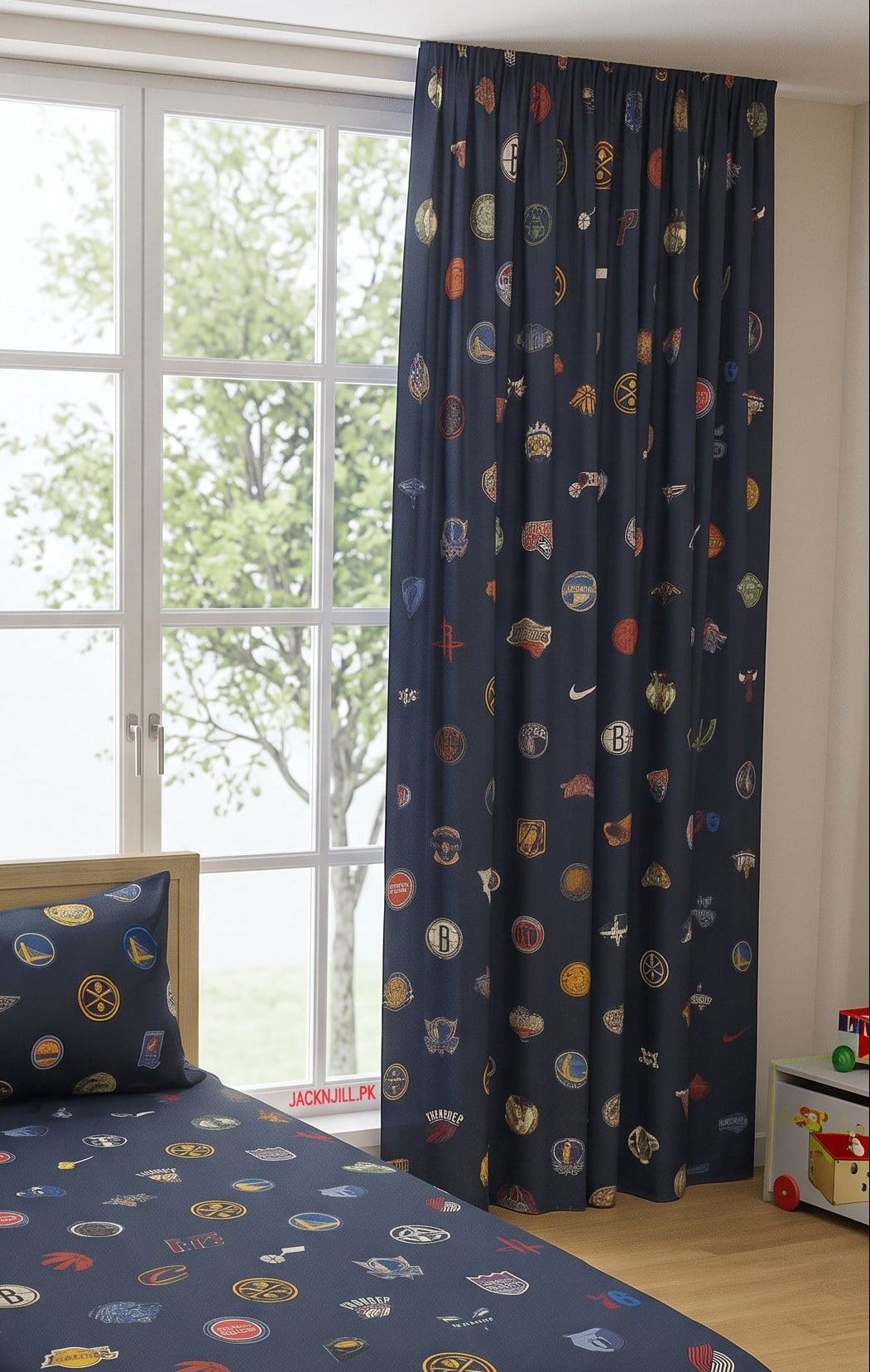 NBA all teams logo printed curtains for kids room window blue color
