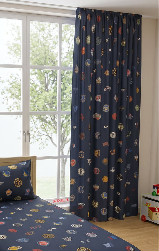 NBA all teams logo printed curtains for kids room window blue color
