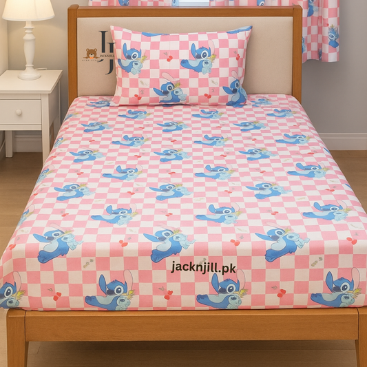 Stitch Character Checkered Pink Bedsheet