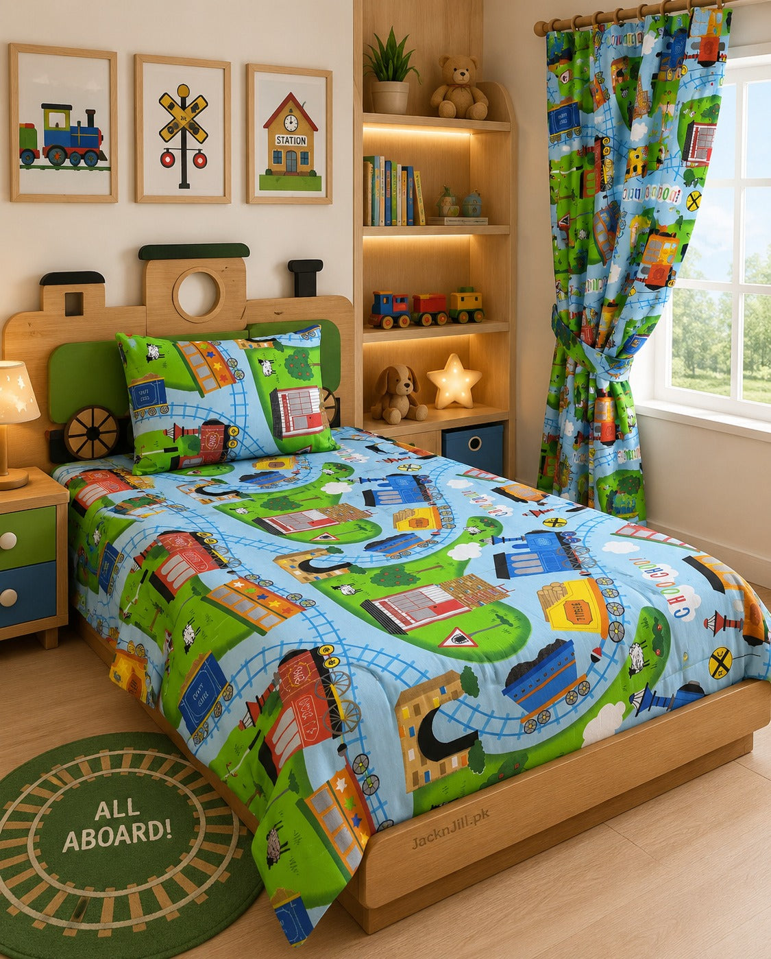 Mining Train Printed Kids Bedsheet with Matching Curtains
