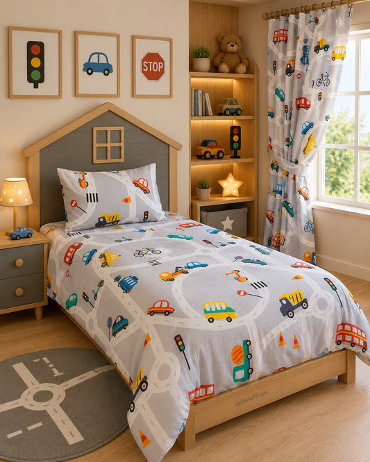 City Traffic Vehicles Theme Kids Bedsheet Set