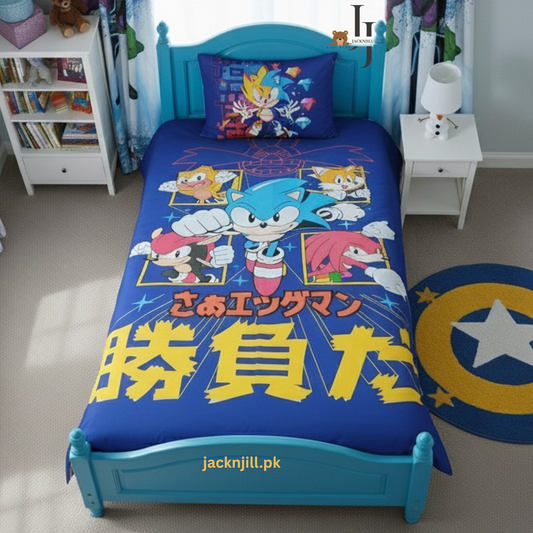 Angry Sonic Print Kids Bed Sheet