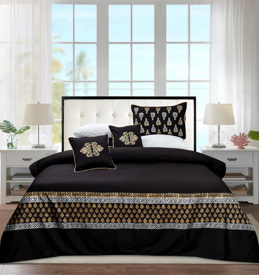 Bridal Bedsheet Set 8Pcs Cotton Sateen Block Brinted 08 black gold white