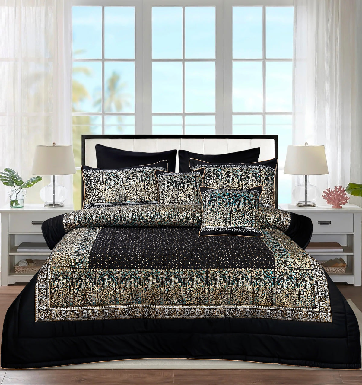 Bridal Bedsheet Set 8Pcs Cotton Sateen Block Brinted 08 black golden