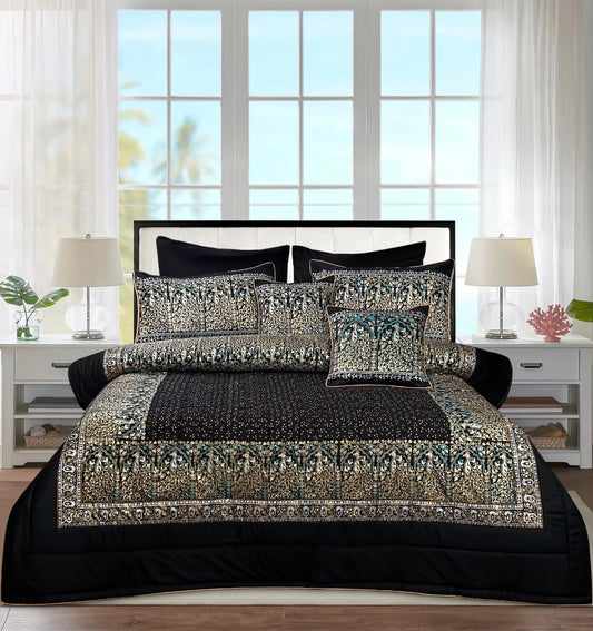 Bridal Bedsheet Set 8Pcs Cotton Sateen Block Brinted 08 black golden