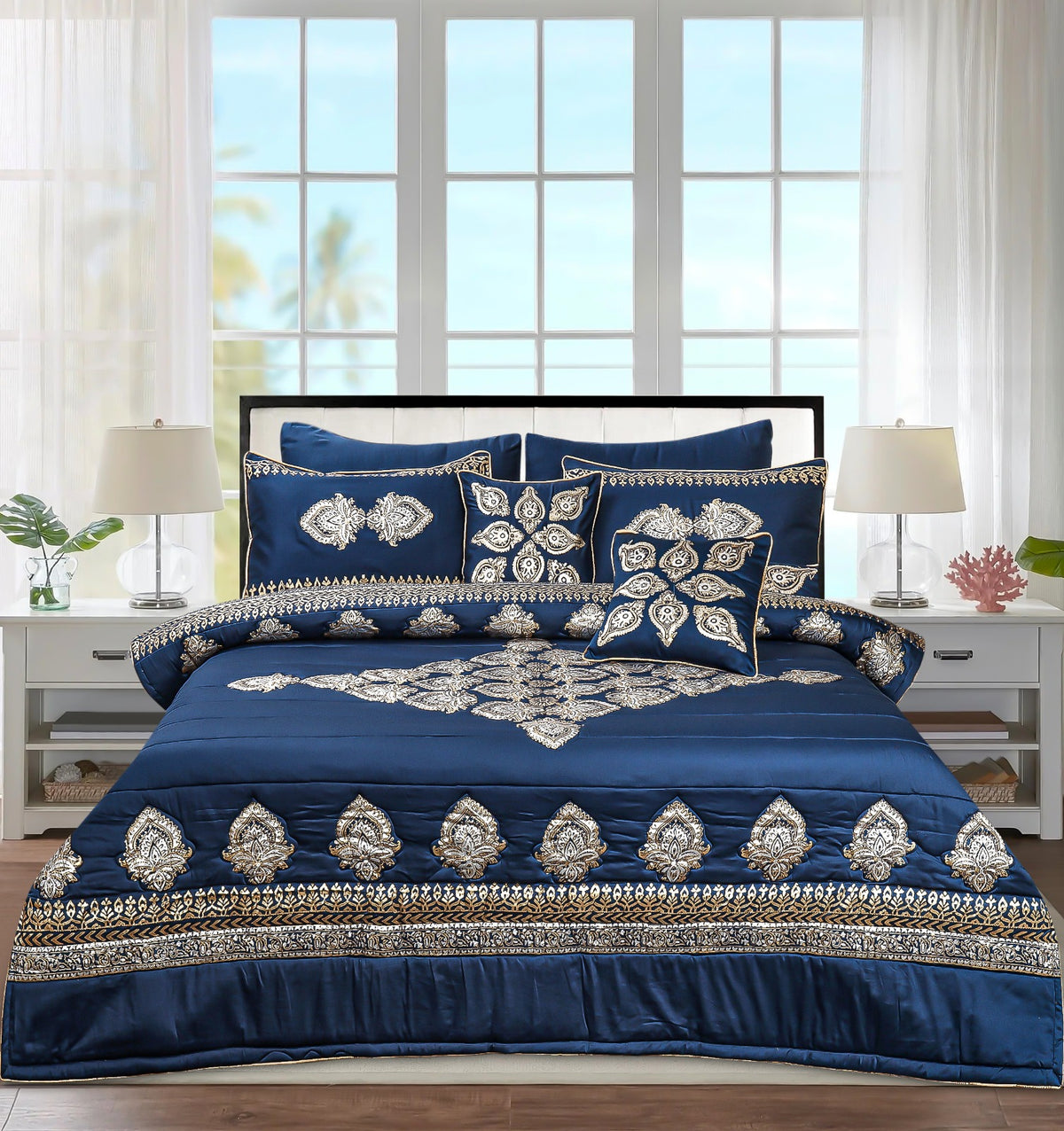 Bridal Bedsheet Set 8Pcs Cotton Sateen Block Brinted 06 blue Golden