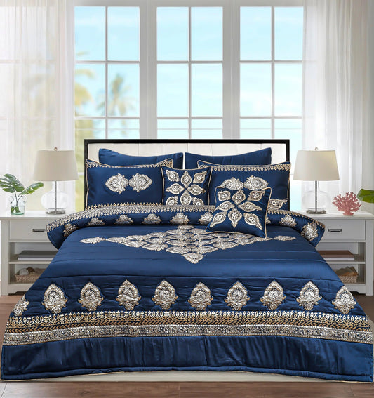 Bridal Bedsheet Set 8Pcs Cotton Sateen Block Brinted 06 blue Golden