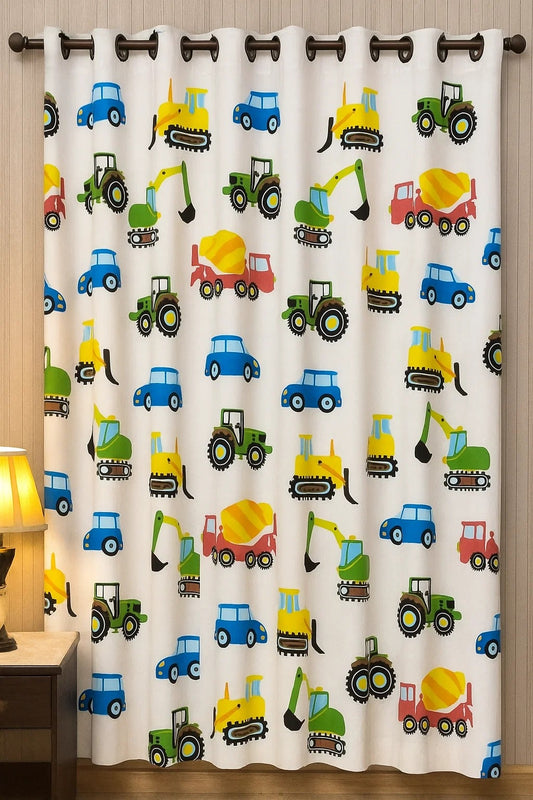 White kids curtain with colorful cartoon cars, tractors, excavators, and cement trucks printed all over.