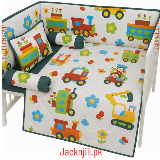 Construction Vehicles White Base Crib & Cot Set
