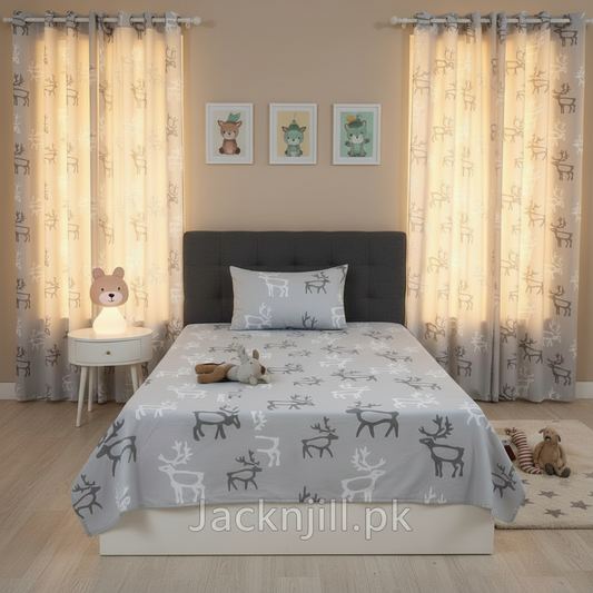 Kids’ bedroom with grey deer-patterned bedding and matching curtains, decorated with soft lighting and animal-themed wall art.