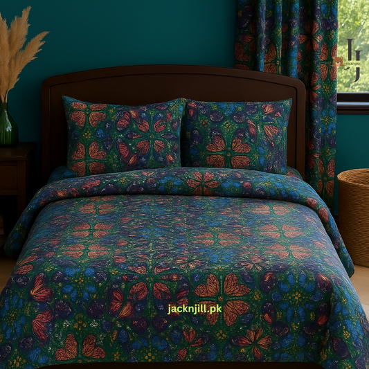 Butterflies Floral Green Bedsheet-Percale
