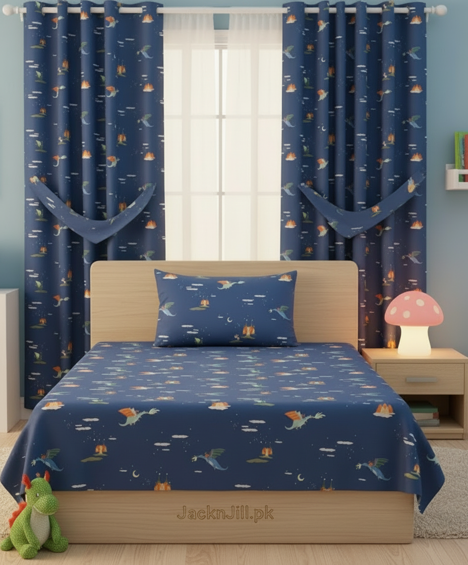 Kids bed with a dark blue dragon and castle printed bedding set, featuring whimsical flying dragons and matching curtains in a fantasy-themed bedroom.
