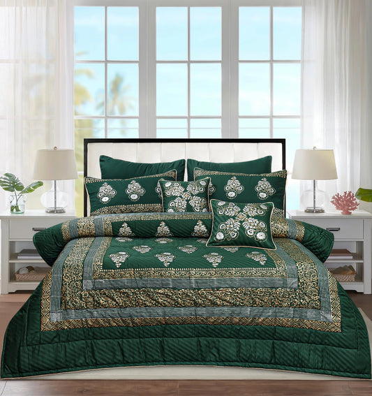 Bridal Bedsheet Set 8Pcs Cotton Sateen Block Brinted 05 Green golden