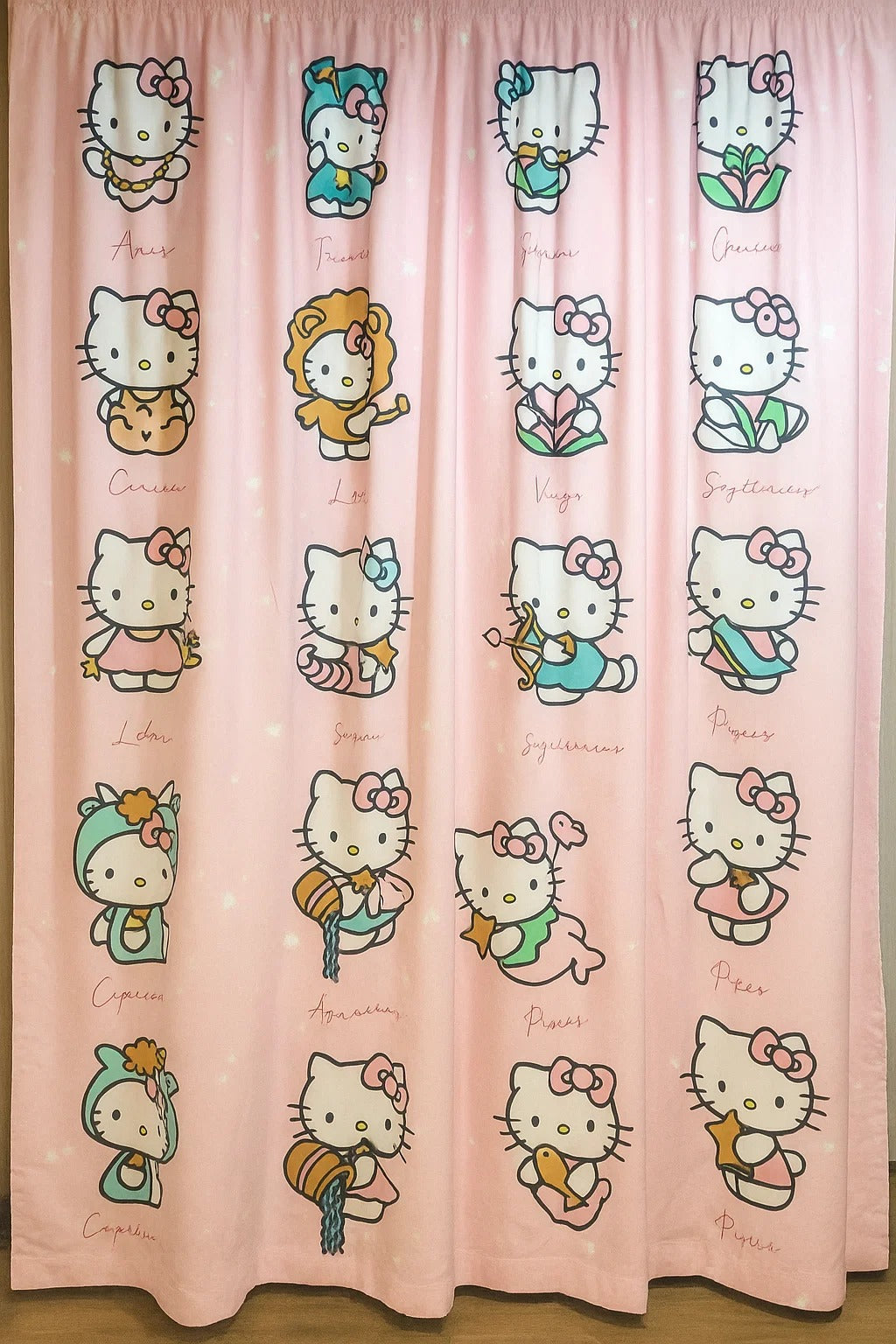 Pink Hello Kitty cotton kids curtains with cute cartoon zodiac character prints for girls’ bedroom décor.