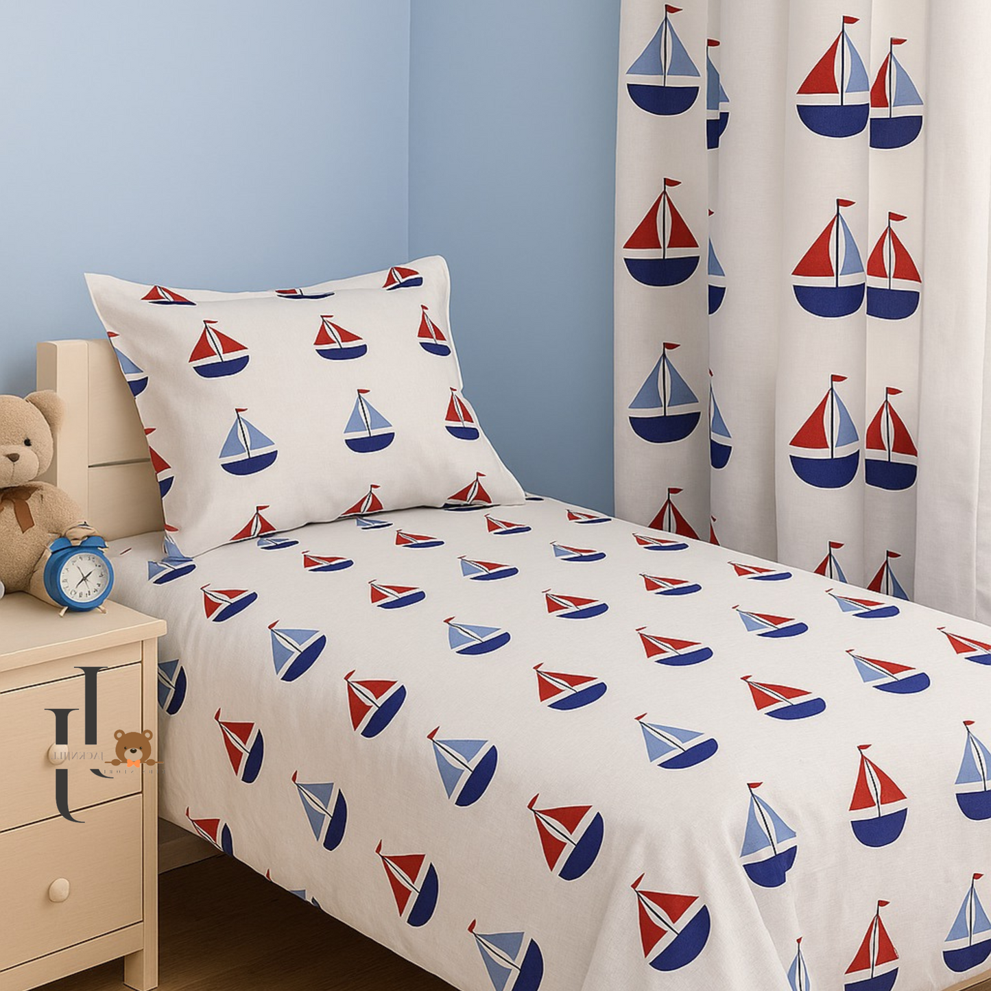 Sail Boats White Base Cotton Kids Bedsheet