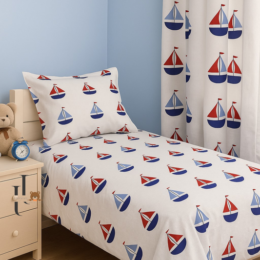 Sail Boats White Base Cotton Kids Bedsheet