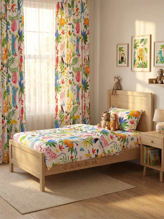 Jungle Theme White Base Kids Bedsheet
