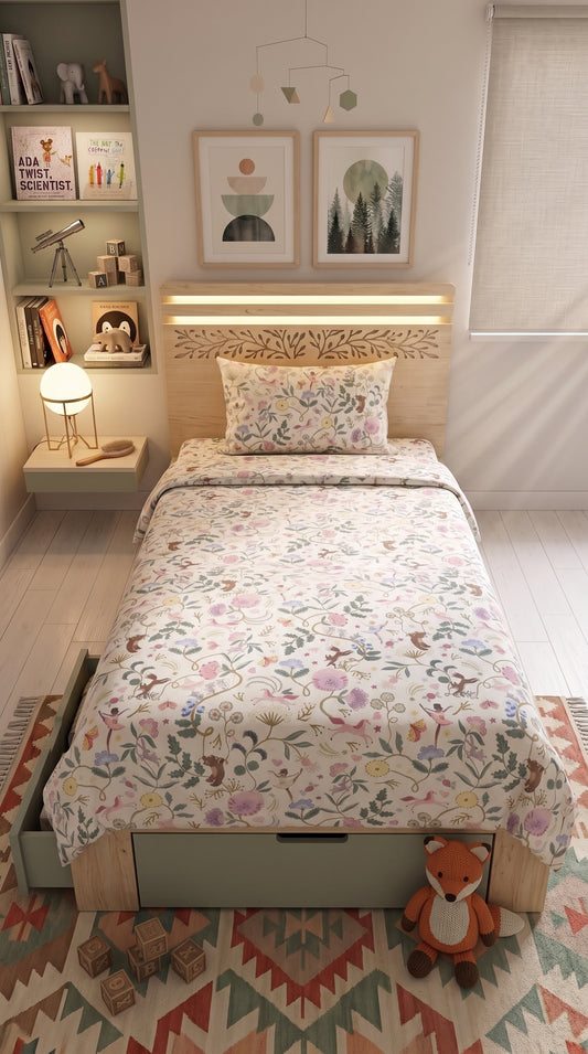 sasha's garden percale cotton bedsheet set and curtains for girls room.