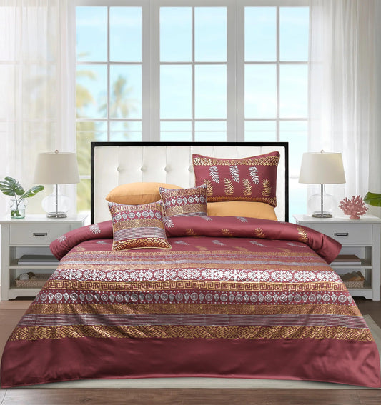 Bridal Bedsheet Set 8Pcs Cotton Sateen Block Brinted 04 burgandi
