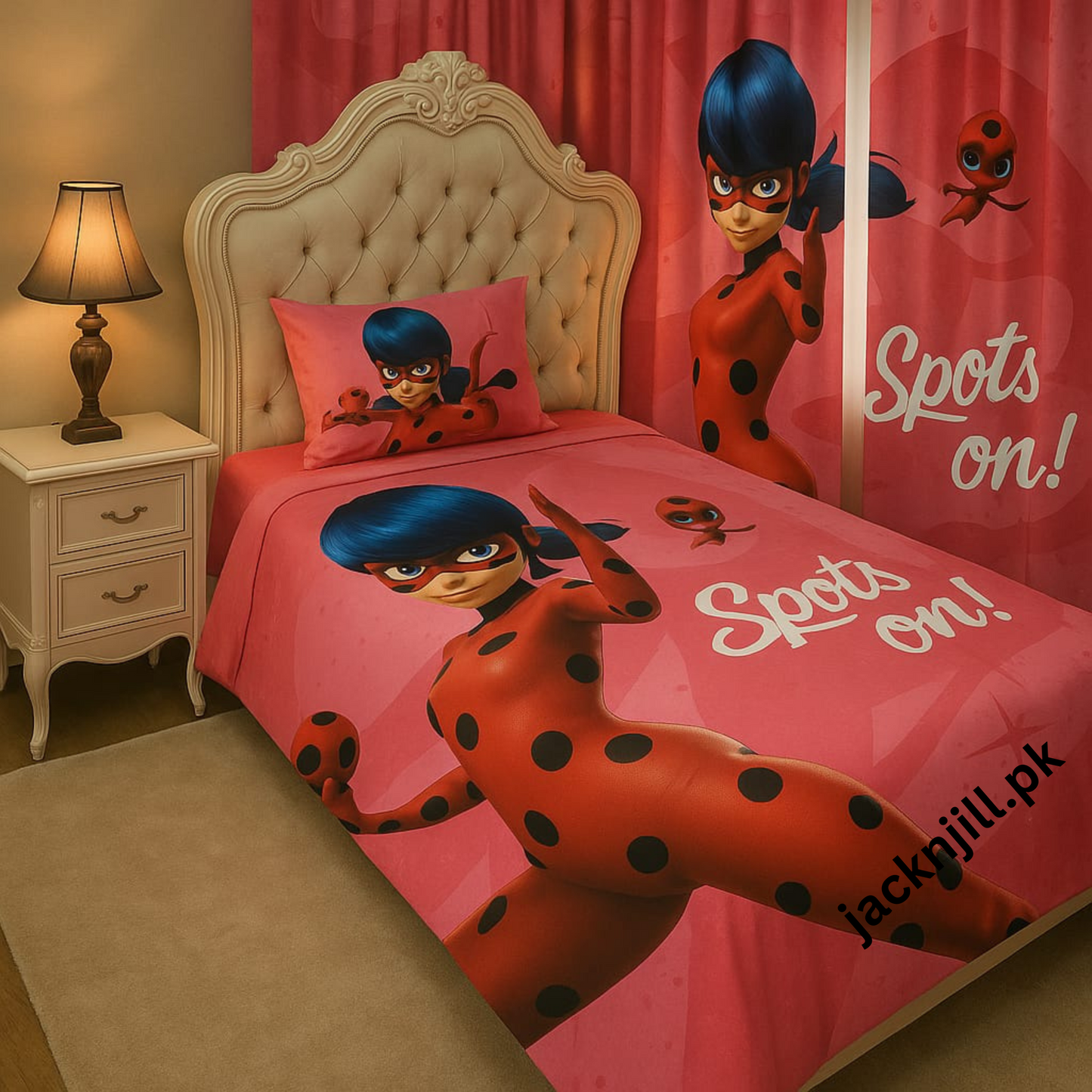 Ladybug cartoon character kids bedsheet and pillow set in pink room decor