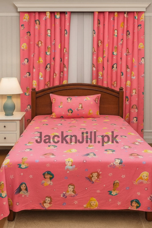 Pink kids bedsheet with matching curtains featuring princess characters in a cozy bedroom setup.