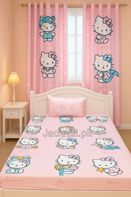 Hello Kitty-themed pink kids bedsheet with matching pillow and curtain, featuring cute cartoon prints and zodiac designs – Jacknjill.pk
