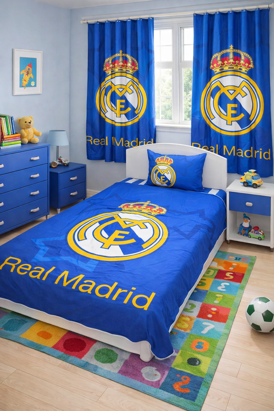 Real Madrid Blue Kids Bedsheet set, kids bedroom curtains boys