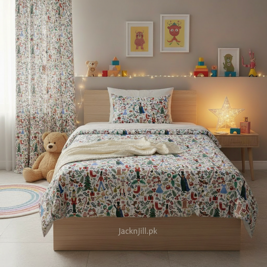 Kids bed with a multicolor storybook-themed printed bedding set featuring playful characters and nature elements in a cozy children’s room.
