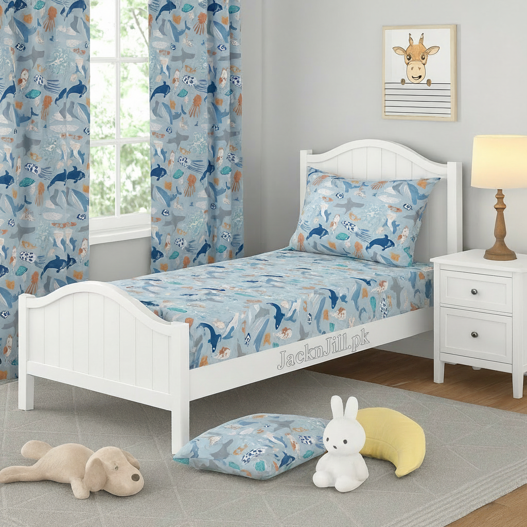 Kids room with ocean animals themed blue bedsheet and matching curtains on a white bed