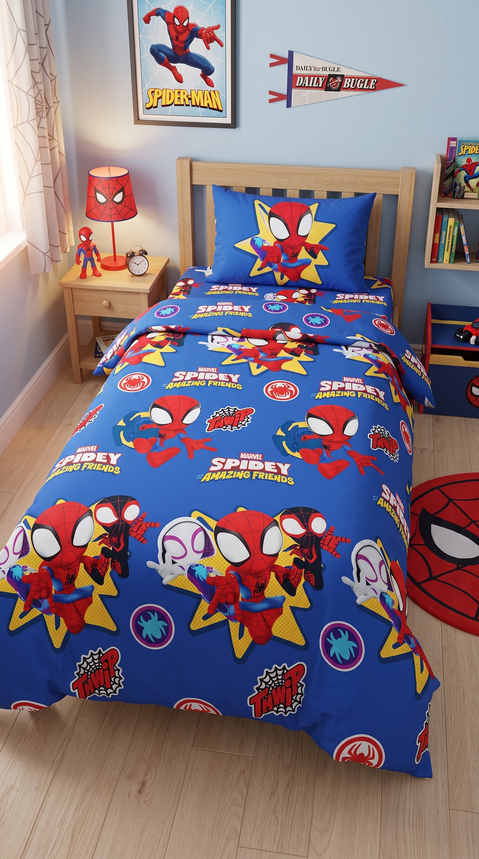 Tiny Spidermans white Base Kids Bedsheet Set for Boys with Matching Curtain, Comforter &amp; Quilt Cover