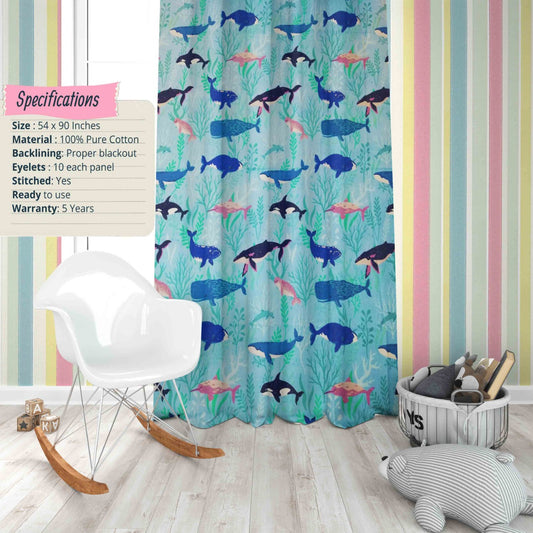 Kids Multi Fishes Print Cotton Curtain 7861