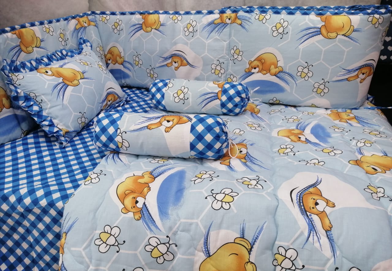 Blue Print Bear Featured Baby Cot Set