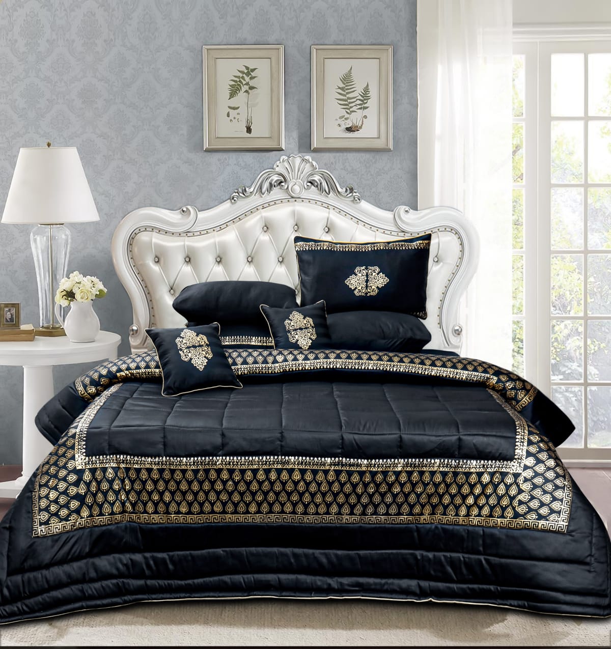 8 Pcs Bridal Bed Sheet Comforter Set Cotton Sateen Block Printed – Ortega