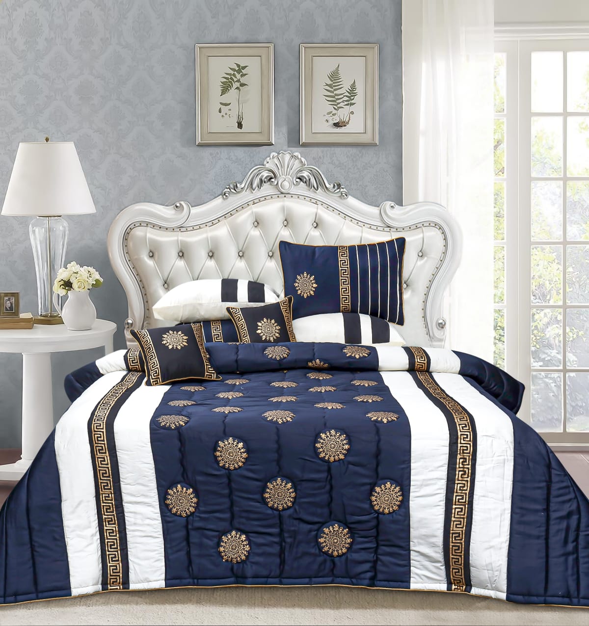 8 Pcs Bridal Bed Sheet Comforter Set Cotton Sateen Block Printed – Baroque Blue