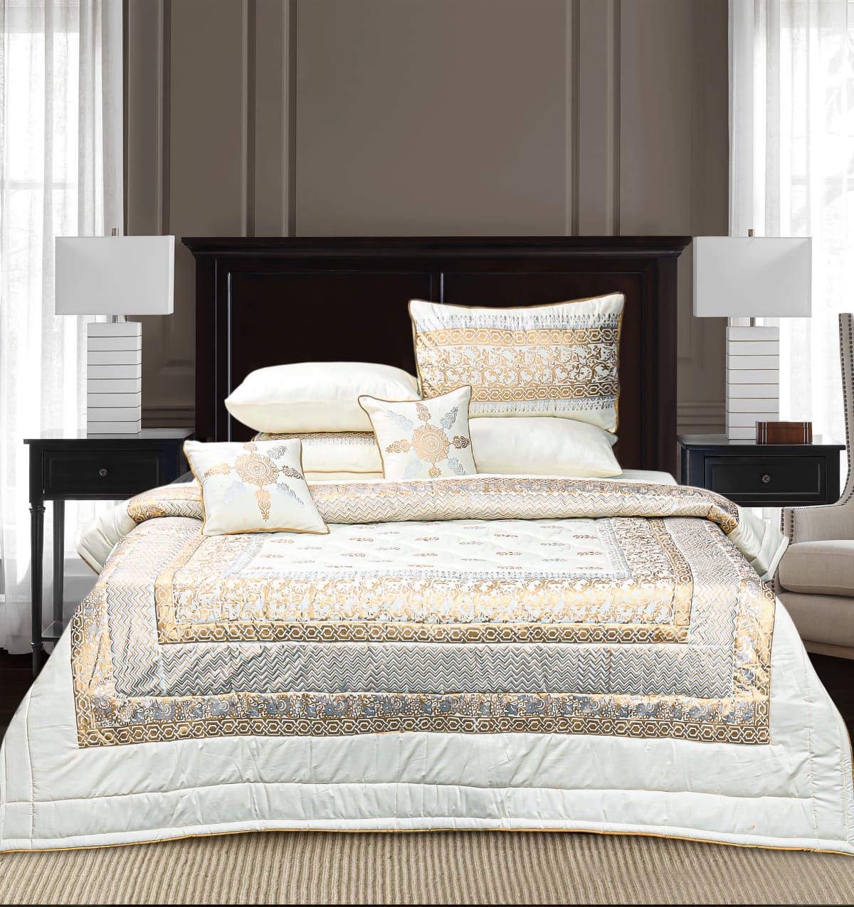 8 Pcs Bridal Bed Sheet Comforter Set Cotton Sateen Block Printed – Orvieto